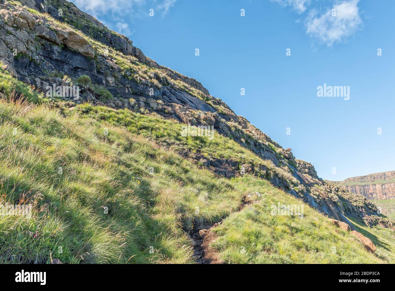 The Sentinel hiking trail to the chain ladders and Tugela Falls, with a small steel ladder on the route visible Stock Photo