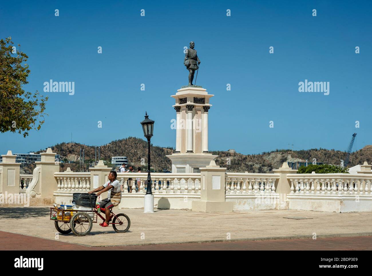 Santa-Marta-Colombia-16. January 2020: Rodrigo de Bastidas Statue, It's like a square with a monument to the founder of the city. The statue is locate Stock Photo