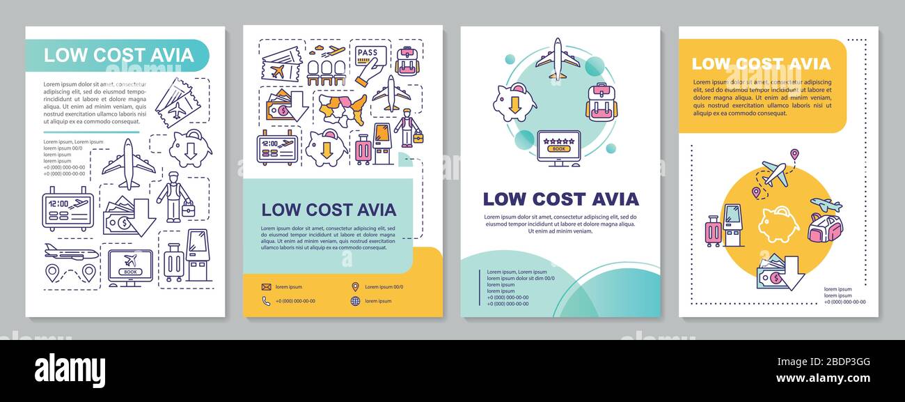 Low cost avia brochure template. Affordable flight, budget travel flyer, booklet, leaflet print, cover design with linear icons. Vector layouts for Stock Vector