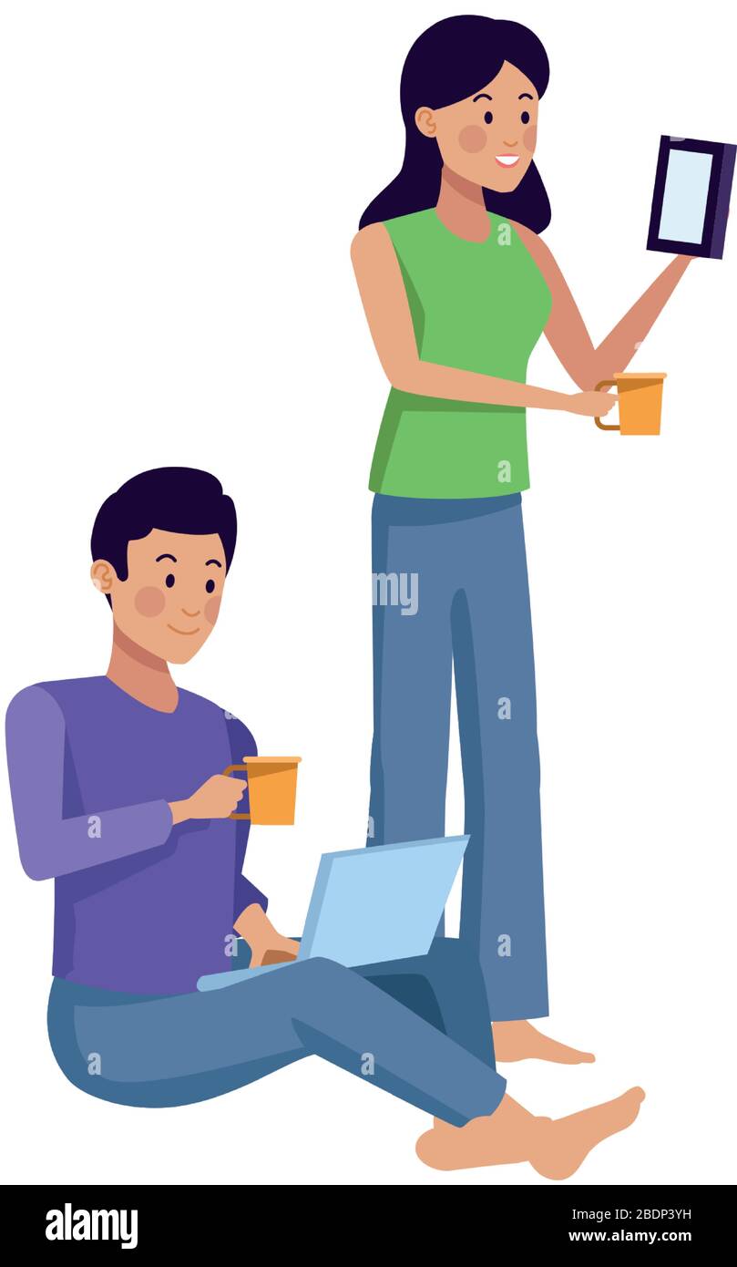couple using smartphone and laptop characters Stock Vector Image & Art ...