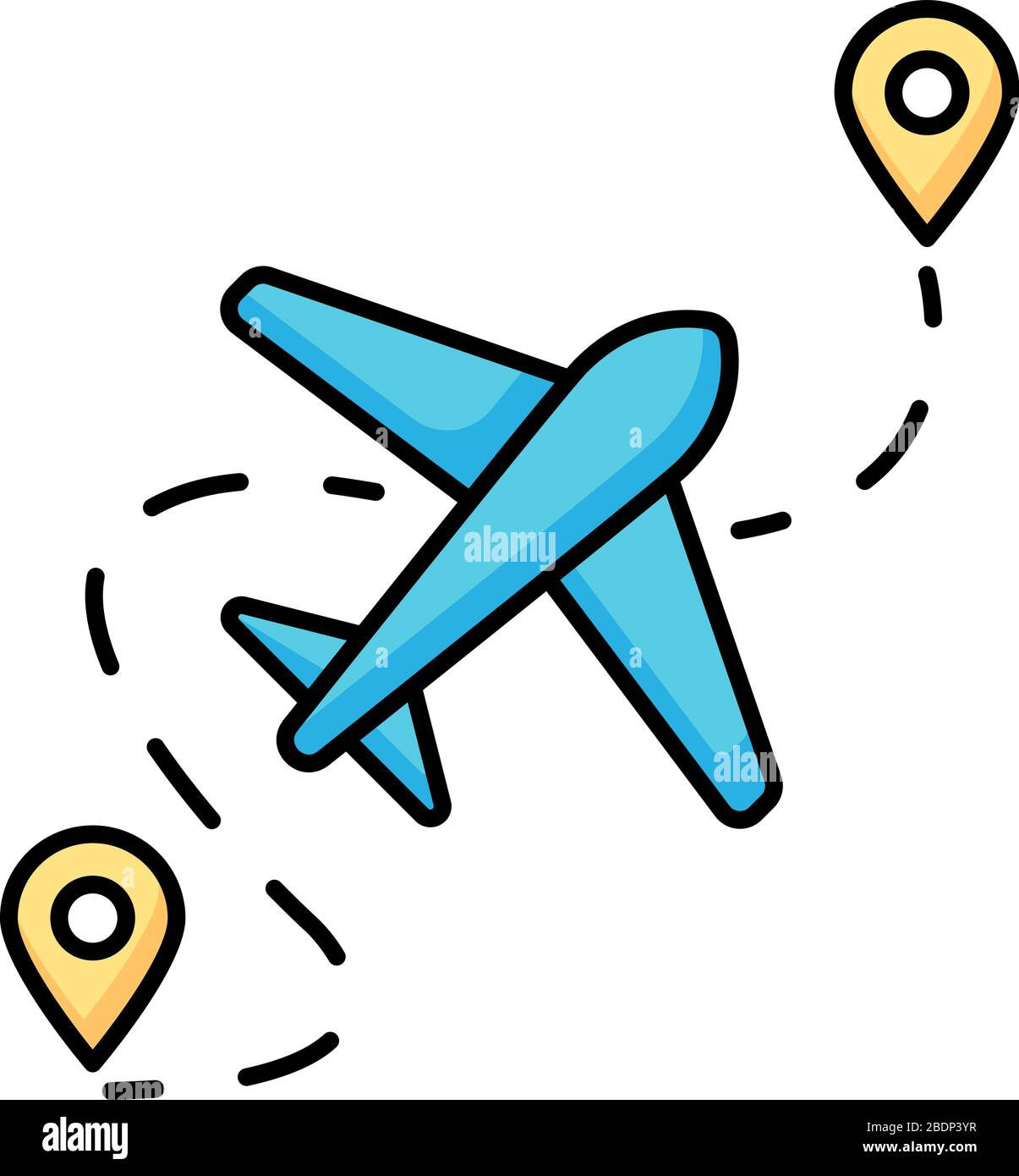 Airplane route RGB color icon. Plane destination with GPS pointer. Location for aeroplane arrival. Way for trip with aircraft. Airline path with Stock Vector