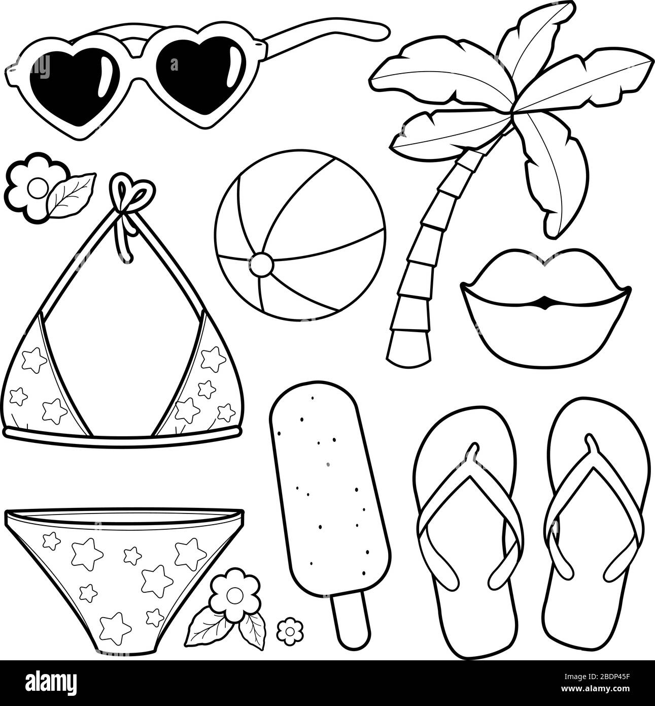 Beach summer vacation design elements. Vector black and white coloring ...