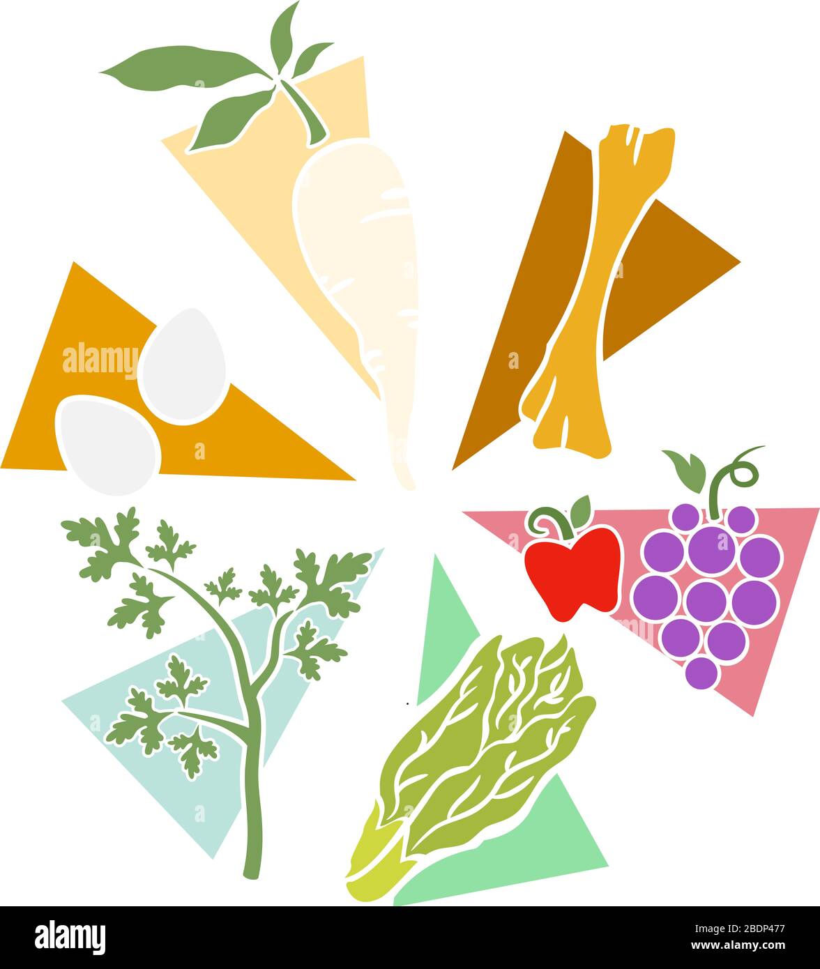 Illustration of Passover Food Design From Turnip, Parsley Leaf, Eggs, Grapes, Apple to Lettuce on Stencil Stock Photo