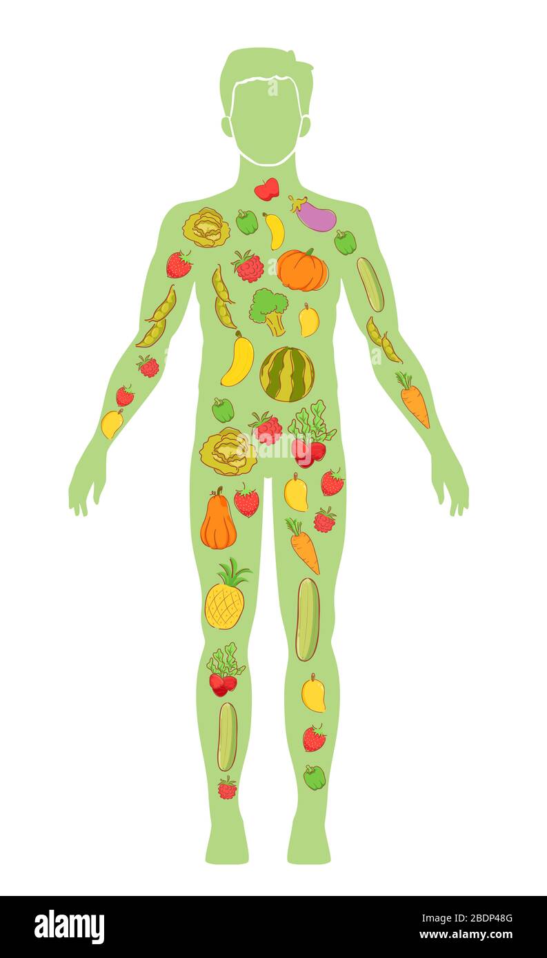 Illustration of a Body of a Man with Fruits and Vegetables as Healthy