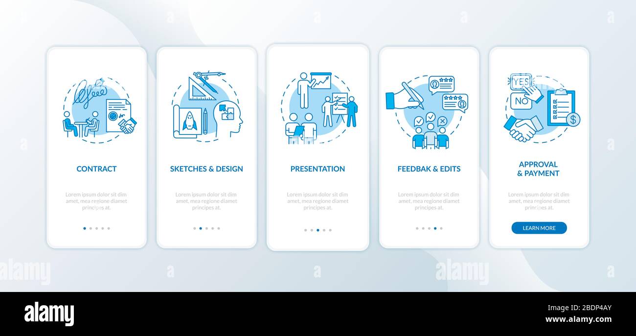 Project development stages onboarding mobile app page screen with ...