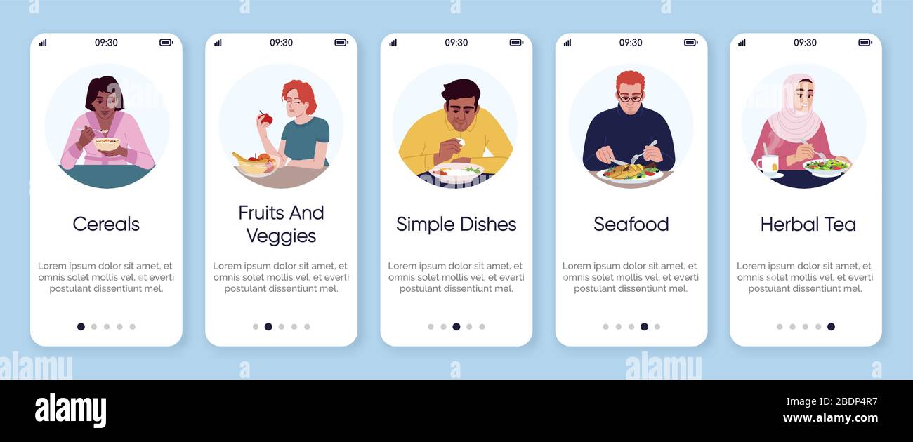 Simple Loading Screen Examples Food Food types onboarding mobile app screen vector template. Various ...