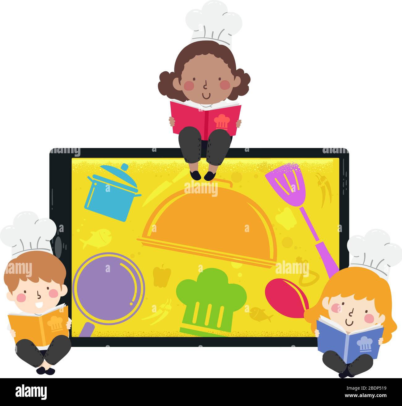 Illustration Of Kids Reading A Cooking Or Recipe Book With A Tablet Computer With Cooking Design On Screen Stock Photo Alamy