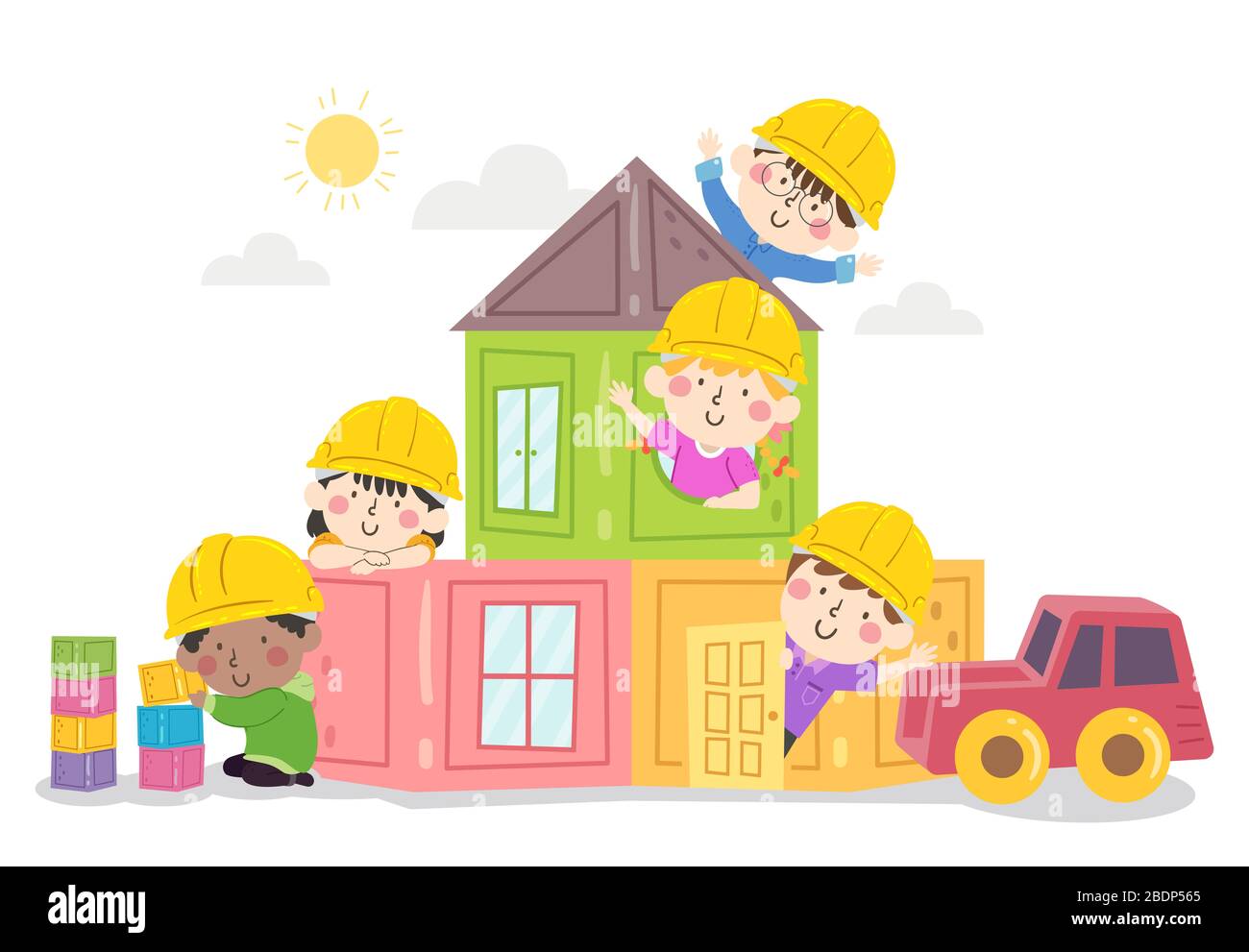 Illustration of Kids Wearing Yellow Hard Hats Waving with House of Toy