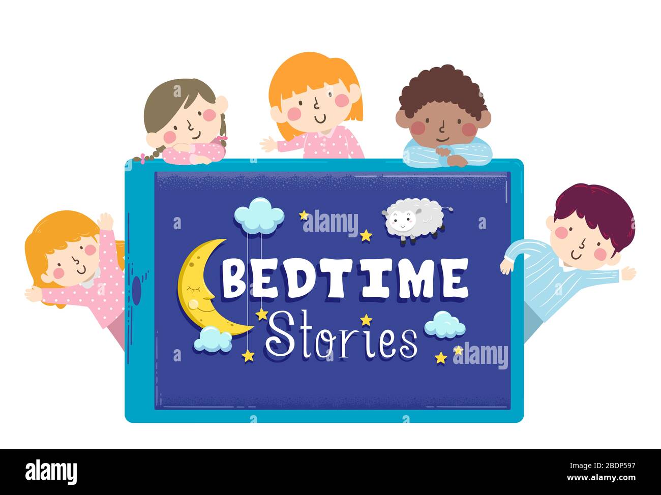 Illustration of Kids Wearing Pajamas with a Mobile Phone or Tablet with