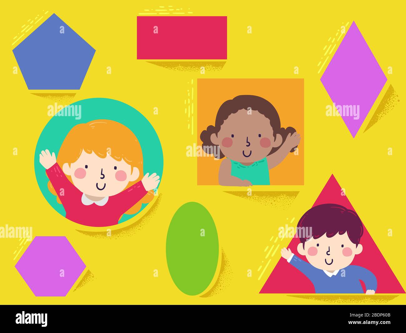 Illustration of Kids Waving from Inside Basic Geometry Shapes Stock Photo