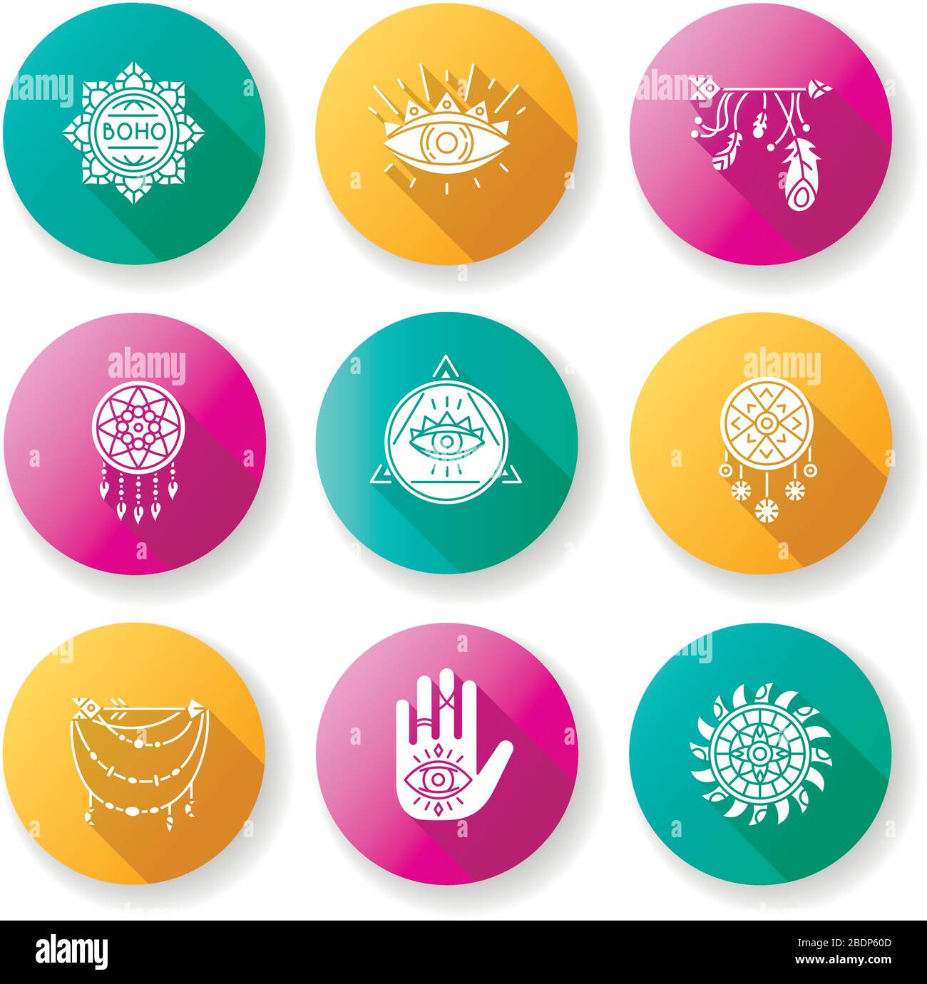 Magical accessories in boho style flat design long shadow glyph icons ...