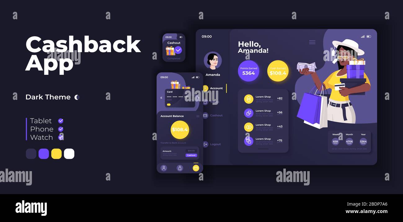Cashback app screen vector adaptive design template. Online shopping, money  return application night mode interface with flat character. Customer Stock  Vector Image & Art - Alamy