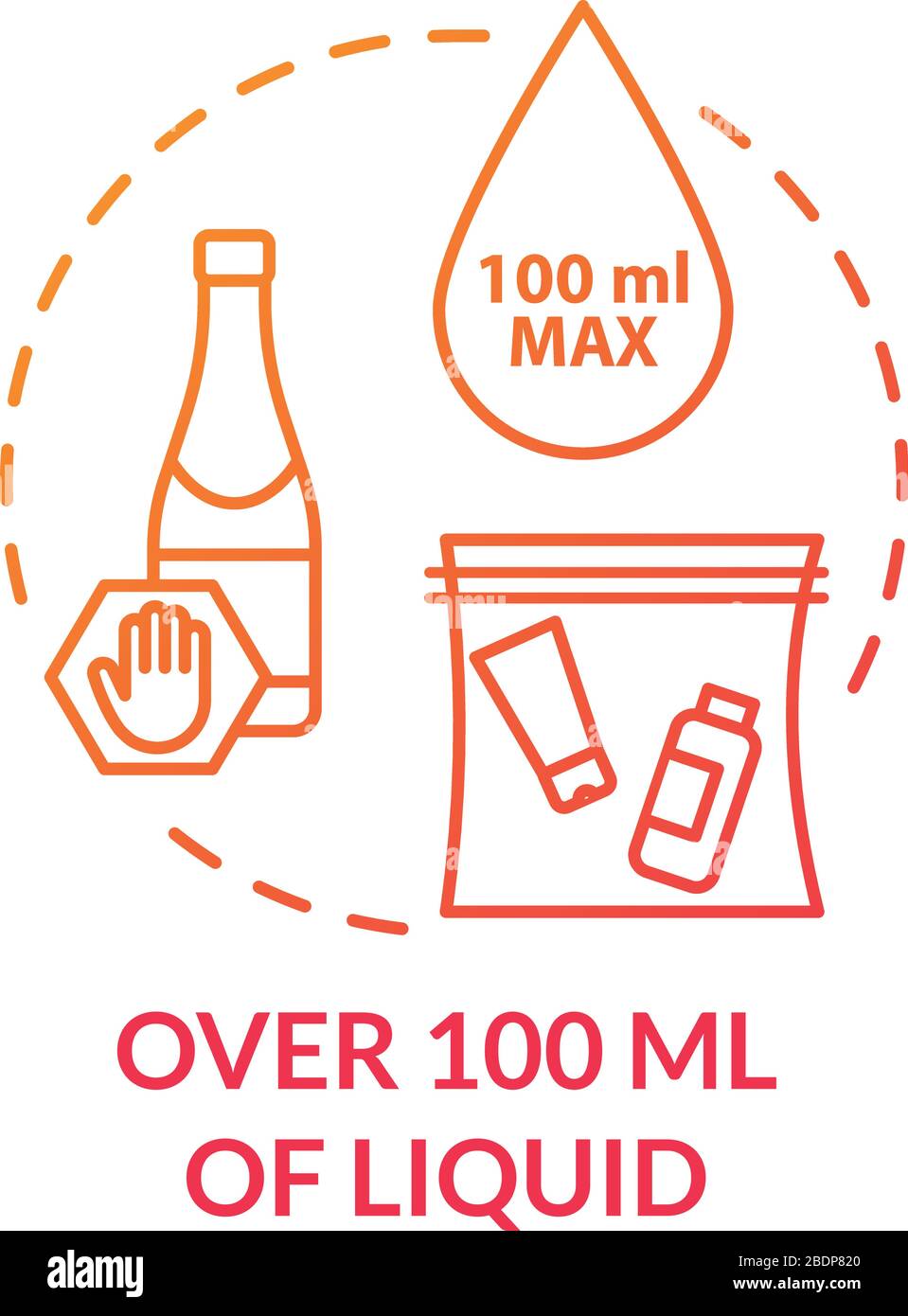 Over 100 ml of liquid concept icon. Airplane passenger hand luggage, belongings limit idea thin