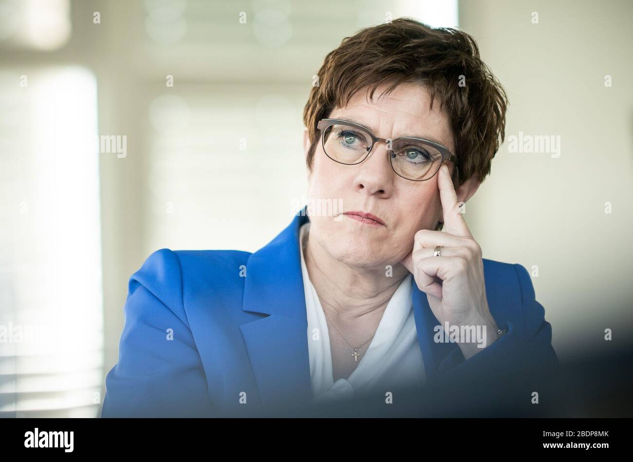 Berlin, Germany. 08th Apr, 2020. Annegret Kramp-Karrenbauer, CDU Federal Chairwoman and Minister of Defence, gives an interview on current topics in her office in the Konrad-Adenauer Haus of the dpa. Credit: Michael Kappeler/dpa/Alamy Live News Stock Photo