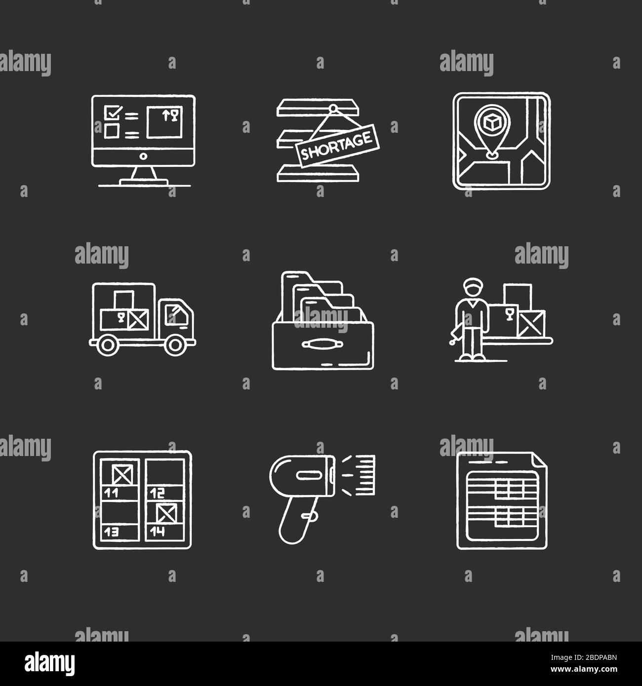 Inventory control and bookkeeping chalk white icons set on black
