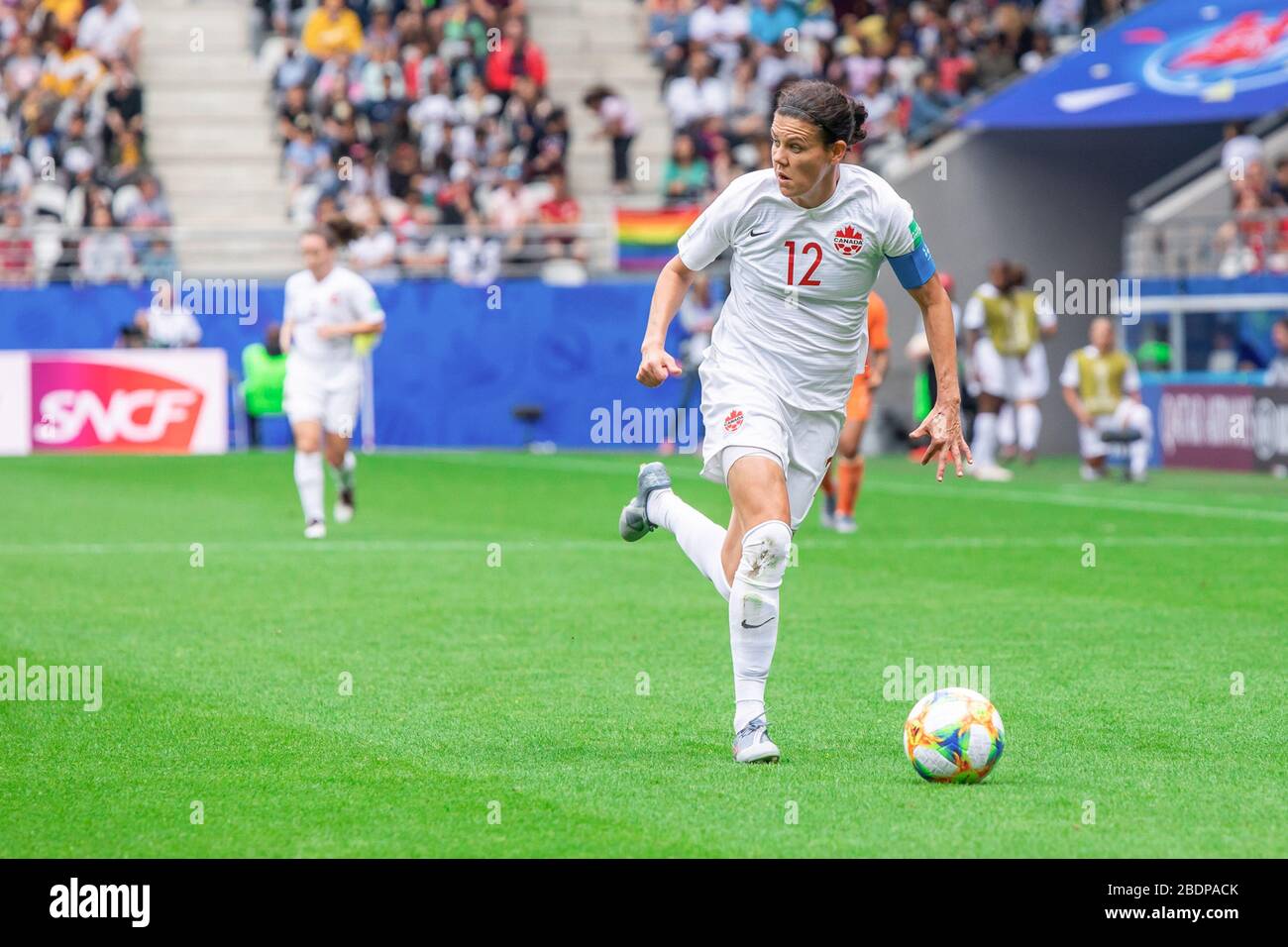 Christine Sinclair of Canada in action during the 2019 FIFA Women's World Cup match between Netherlands and Canada at Stade Auguste-Delaune stadium.(Final score: Netherlands 2:1 Canada) Stock Photo