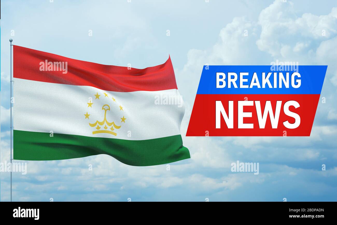 Breaking news. World news with backgorund waving national flag of Tajikistan. 3D illustration. Stock Photo