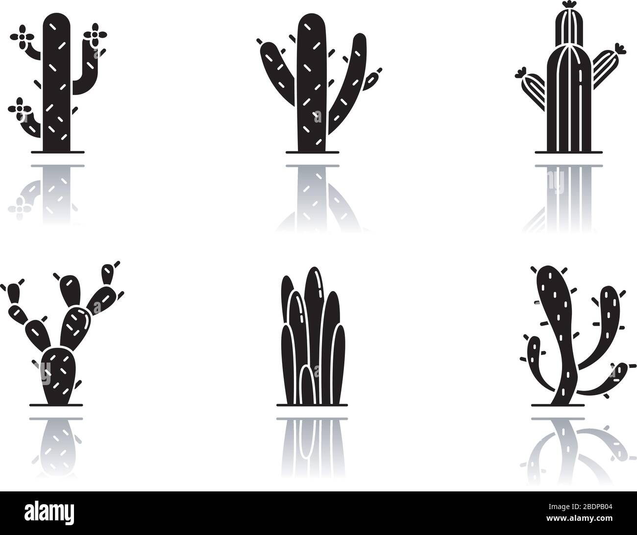 Cactuses drop shadow black glyph icons set. American desert plants. Family Cactaceae. Different prickly succulents. Arid area thorny wildflowers Stock Vector