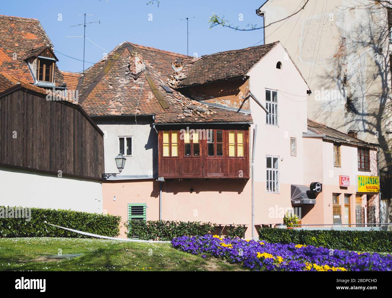 Old brick houses in the center of Zagreb city devastated by heavy