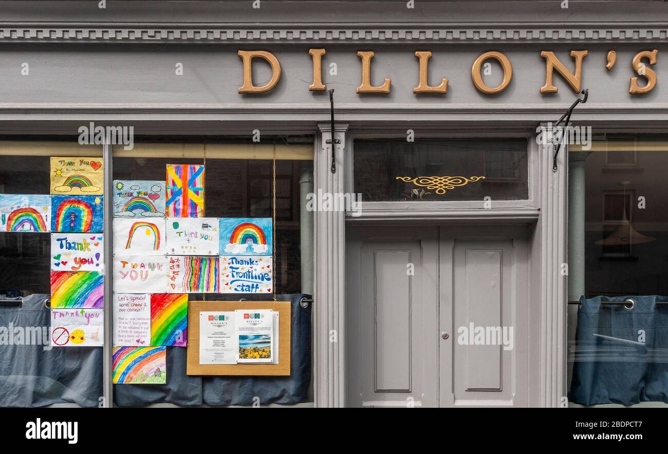 Timoleague, West Cork, Ireland. 9th Apr, 2020. Local children in Timoleague have created drawings thanking frontline staff for their efforts in the fight against Covid-19. The pictures are in the window of local Timoleague restaurant, Dillon's. Credit: Andy Gibson/Alamy Live News Stock Photo