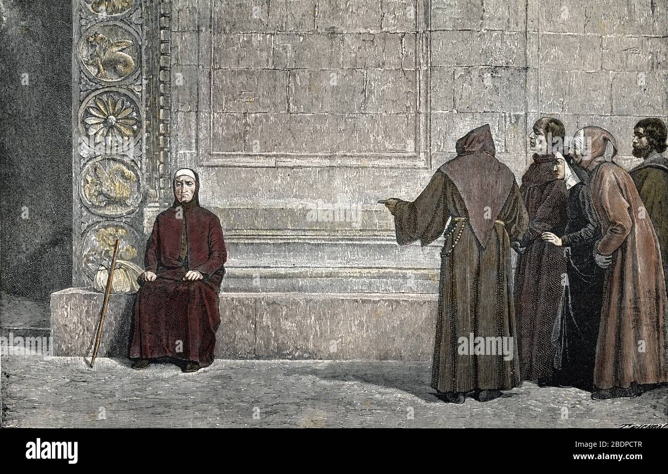 'Le poete et ecrivain italien Dante Alighieri (1265-1321) en exil' (The poet and writer Dante Alighieri during his exile) Engraving from 'Les grandes Stock Photo