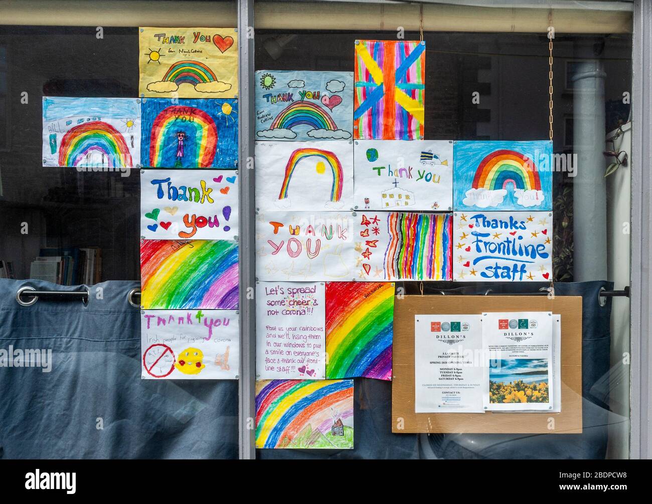 Timoleague, West Cork, Ireland. 9th Apr, 2020. Local children in Timoleague have created drawings thanking frontline staff for their efforts in the fight against Covid-19. The pictures are in the window of local Timoleague restaurant, Dillon's. Credit: AG News/Alamy Live News Stock Photo