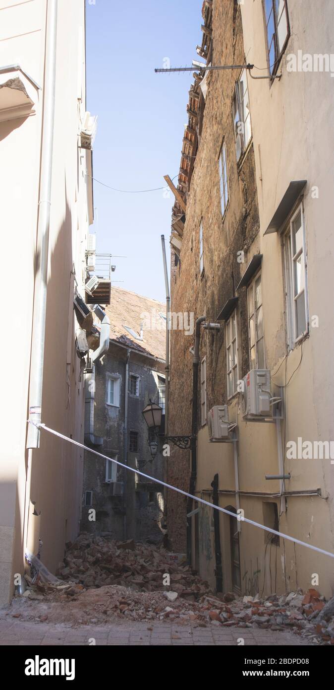 Old brick houses in the center of Zagreb city devastated by heavy