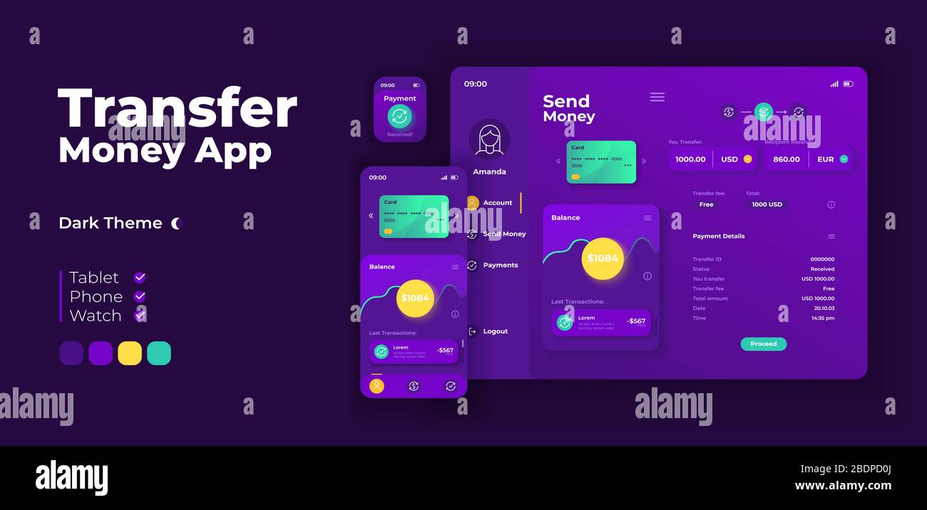 Transfer money app screen vector adaptive design template. Online wallet, internet bank application night mode interface with flat character. Account Stock Vector