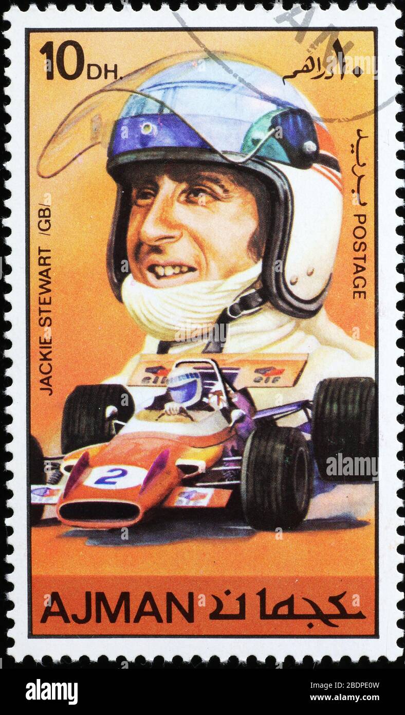 Portrait of Jackie Stewart on old postage stamp Stock Photo