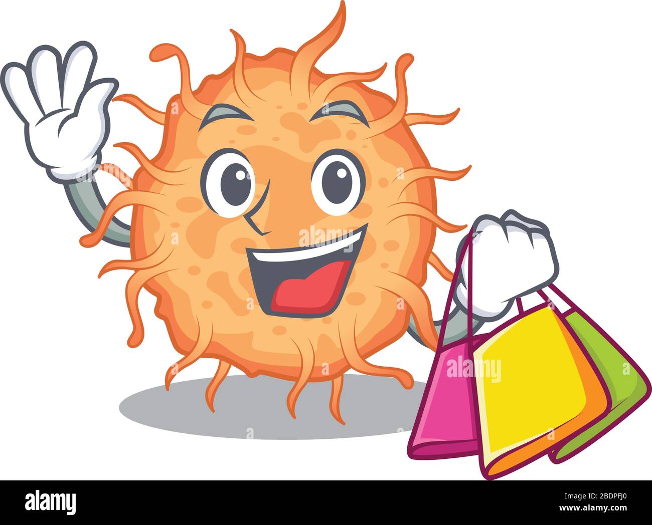Rich and famous bacteria endospore cartoon character holding shopping bags Stock Vector