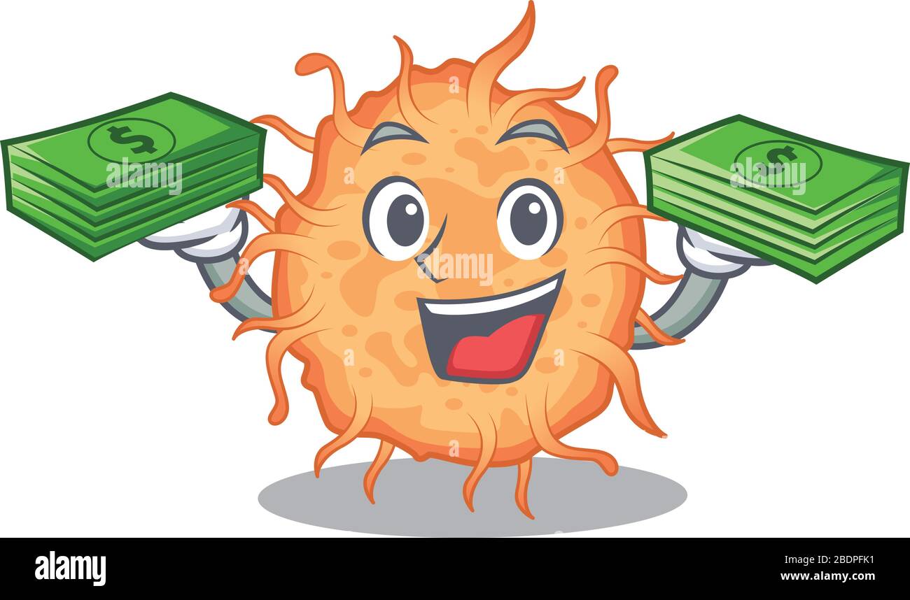 A wealthy bacteria endospore cartoon character having money on hands