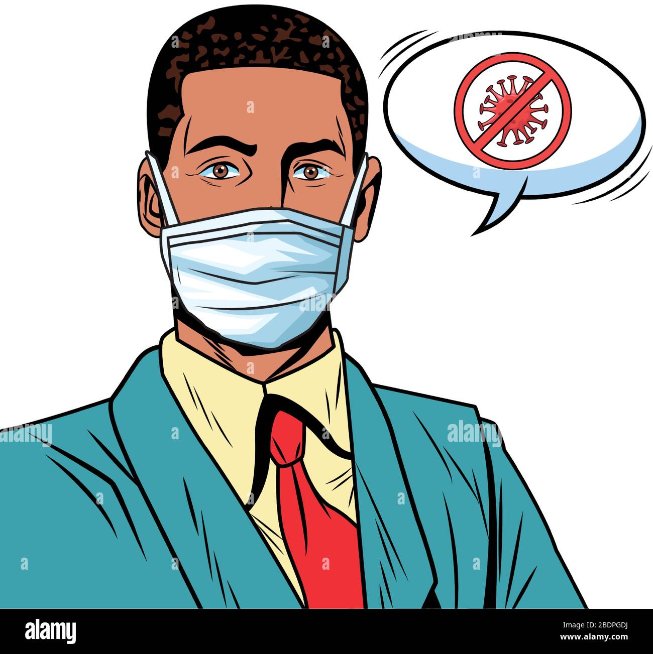 businessman using face mask and stop covid19 message pop art style ...