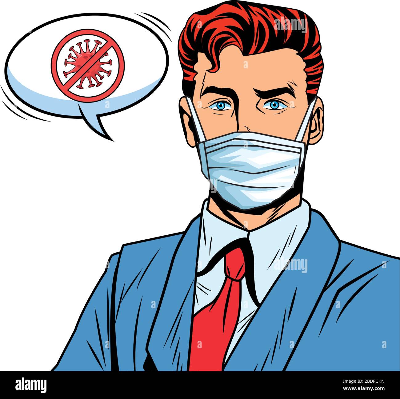 businessman using face mask and stop covid19 message pop art style ...