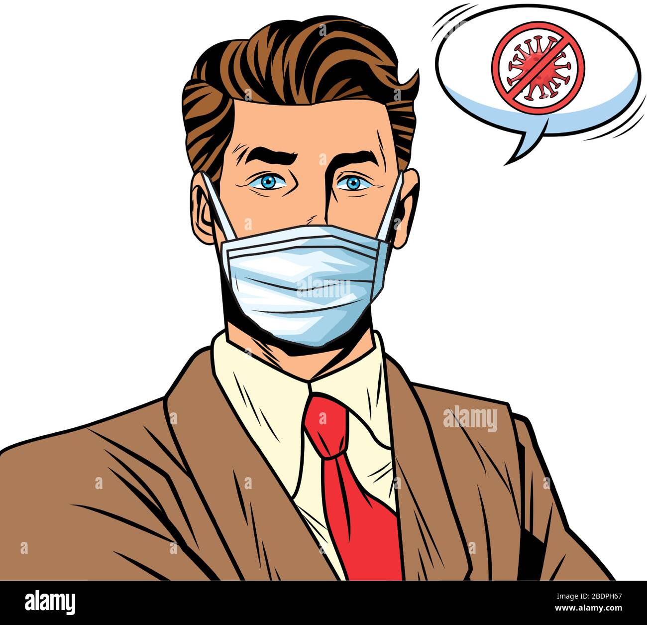 businessman using face mask and stop covid19 message pop art style ...