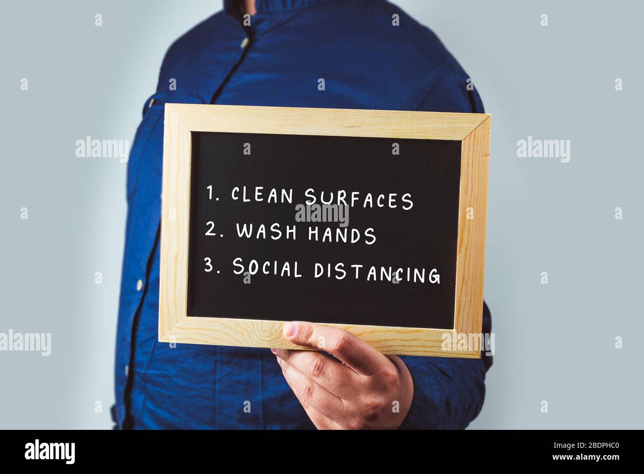 Prevention sign for social distance, hand hygiene, surface sanitation. Self isolation and staying home Stock Photo