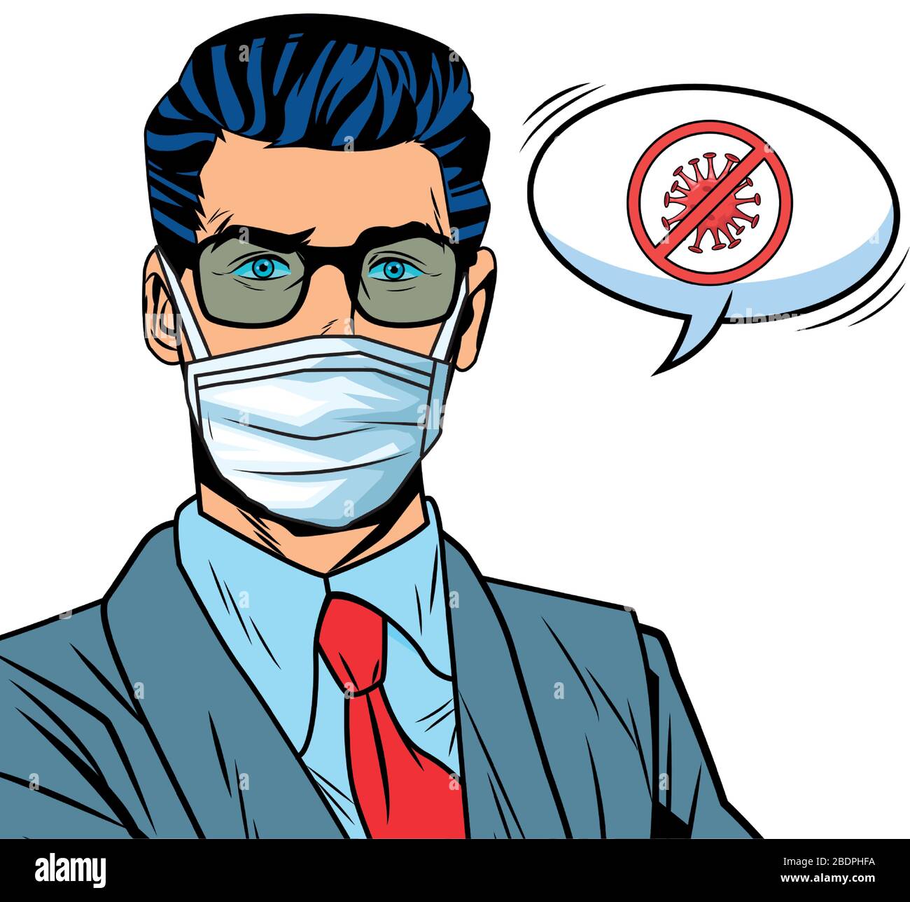 businessman using face mask and stop covid19 message pop art style ...