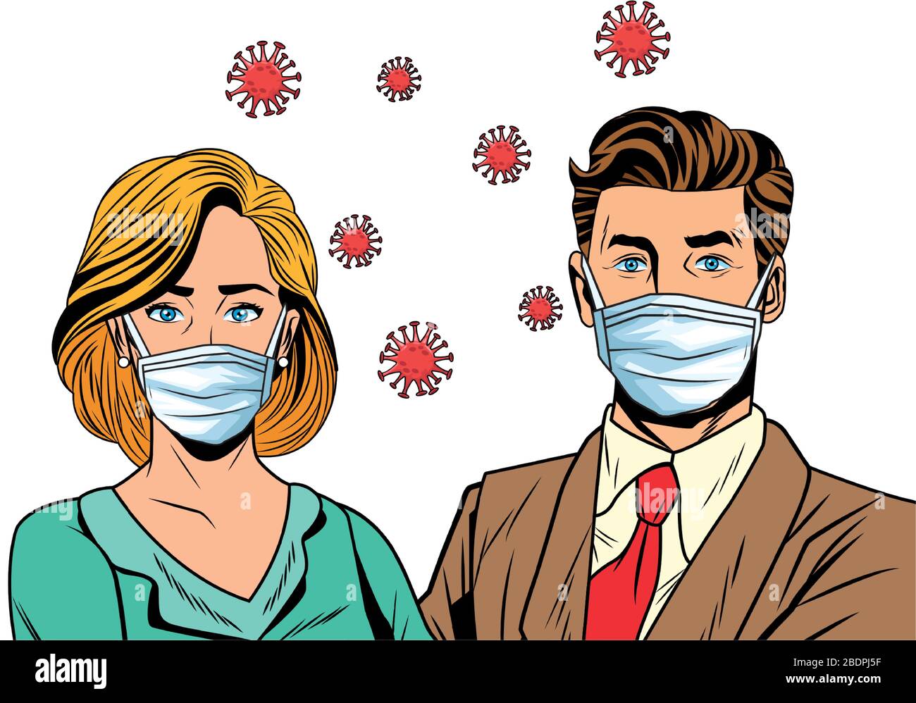 business couple using face mask and covid19 particles pop art style ...