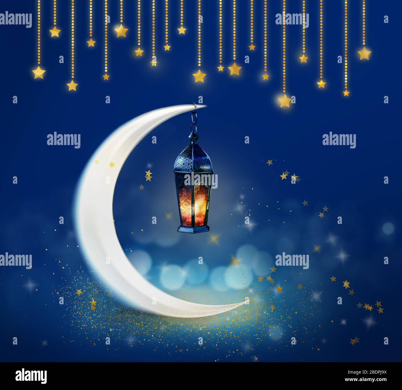 Ramadan Kareem background. Blue Greeting Card for Muslim Holidays and Ramadan with moon, gold stars and lantern. Stock Photo