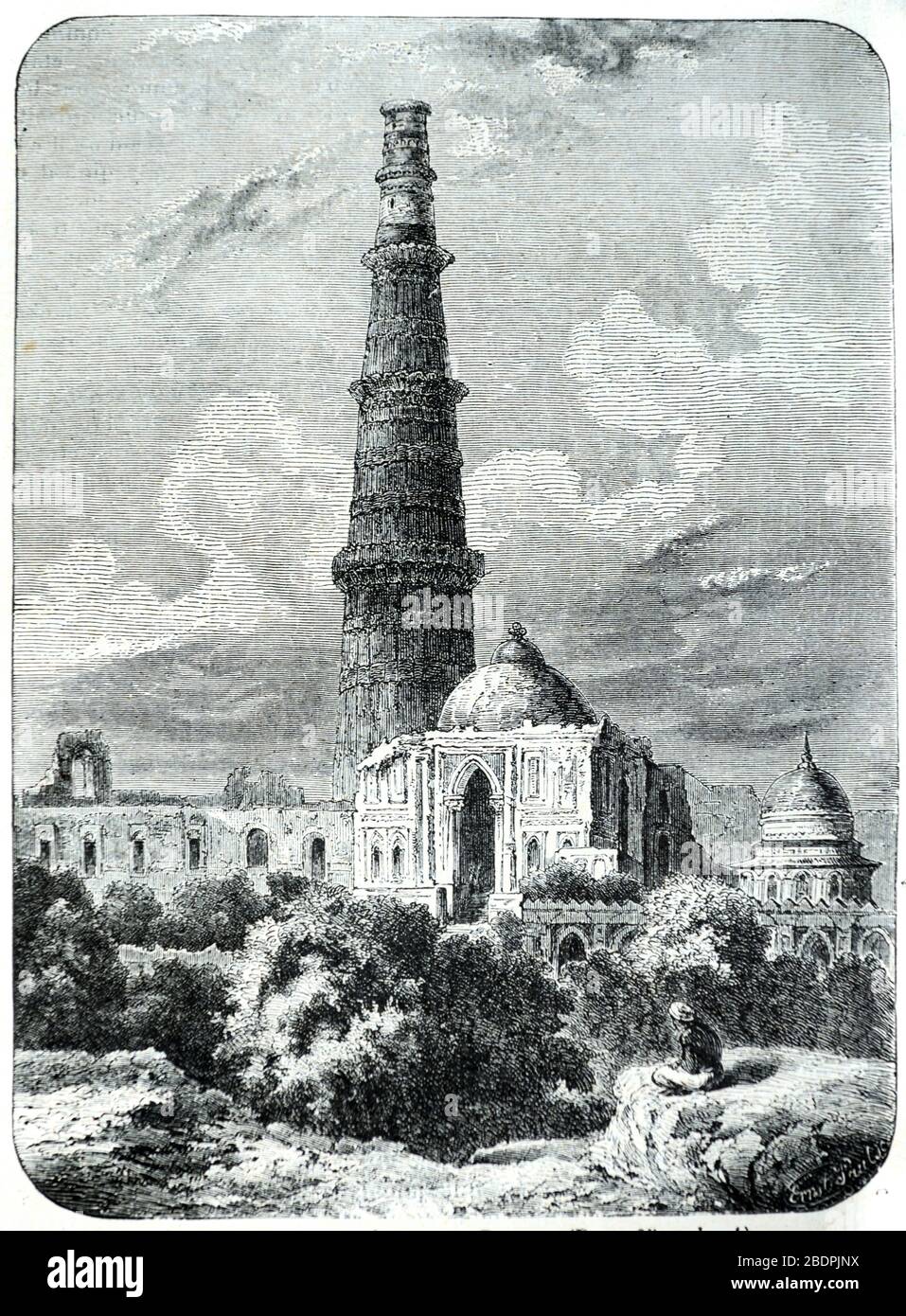 Qutb Minar Complex (1199-1369) at Mehrauli, one of Seven Ancient Cities of Old Delhi India. Vintage or Old Illustration or Engraving 1886 Stock Photo