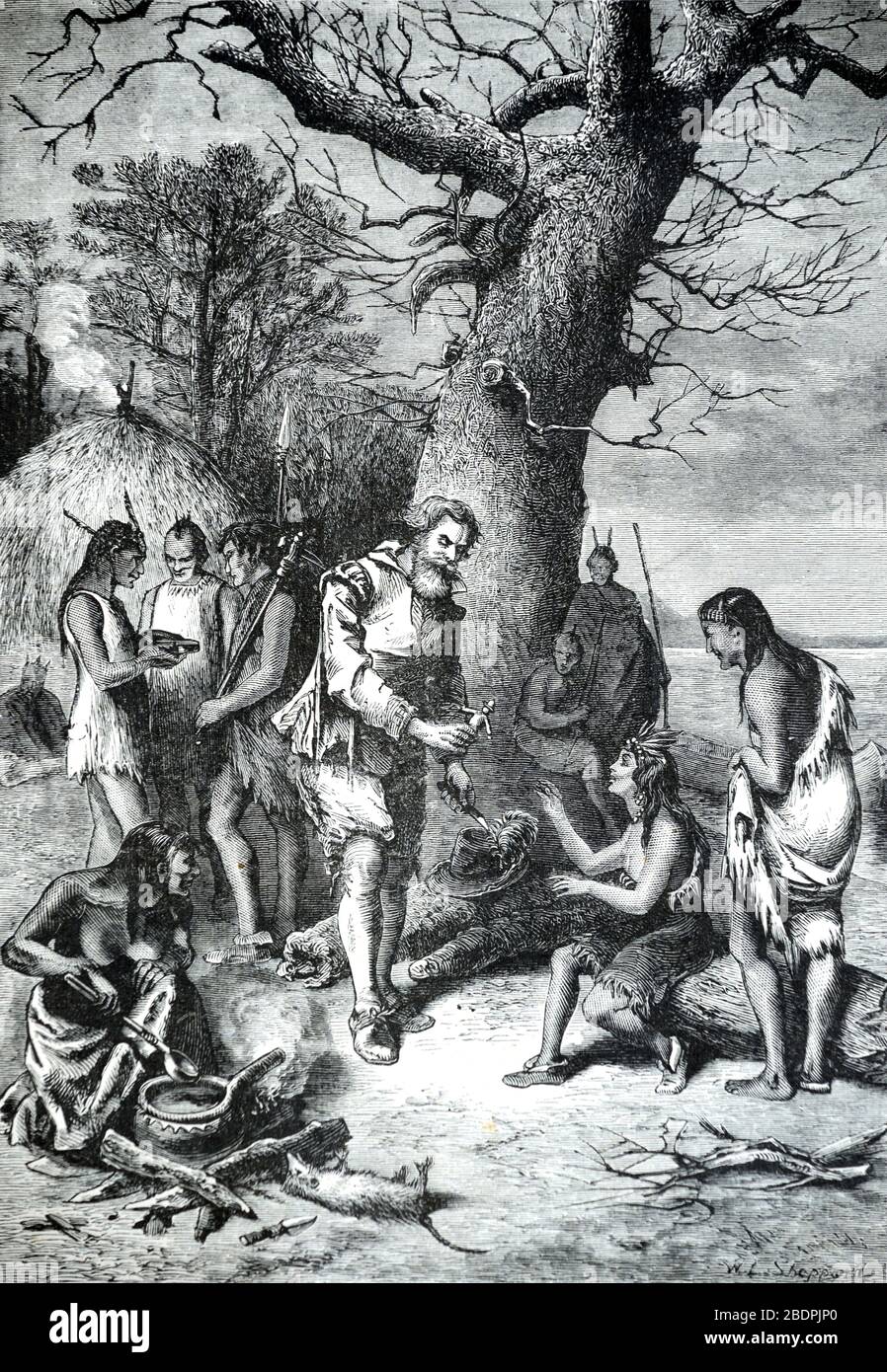 Spanish Conquistadors Meeting Native American Indians, Amazonian Indians or Indigenous People in South America. Vintage or Old Illustration or Engraving 1886 Stock Photo