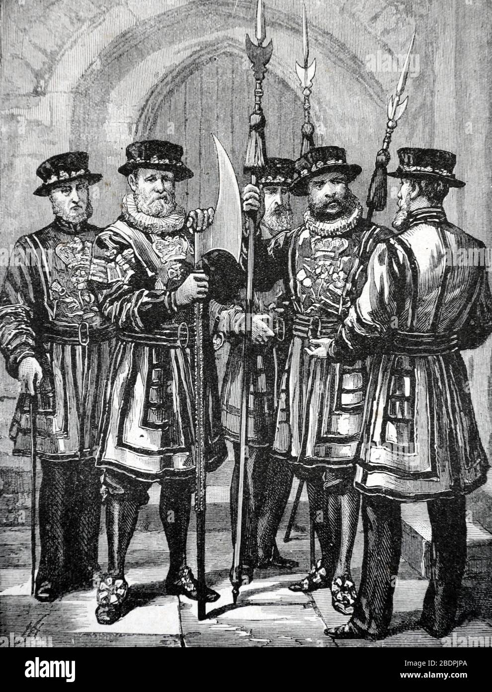 Yeoman Warders or Ceremonial Guards known as Beefeaters Tower of London England. Vintage or Old Illustration of Engraving 1886 Stock Photo