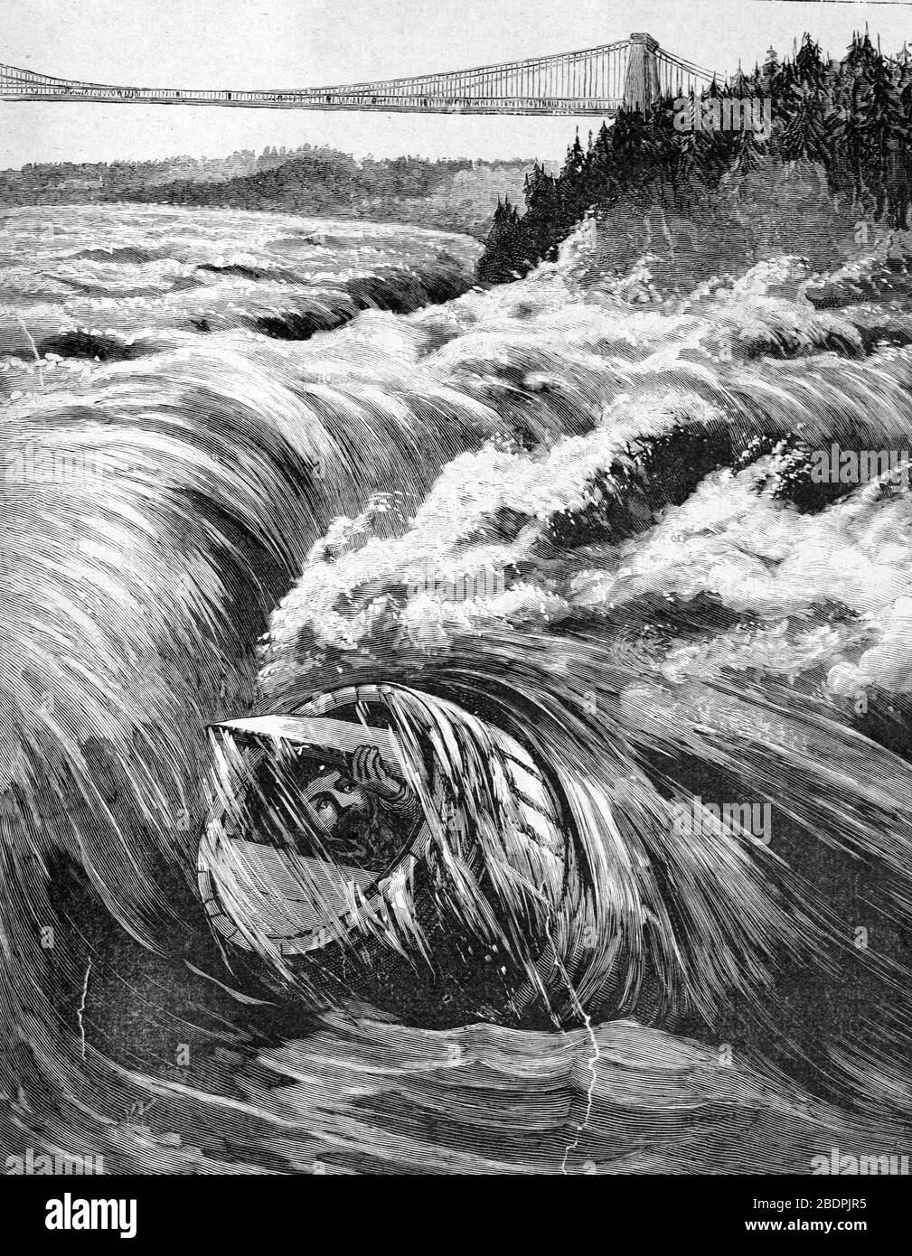 Carlisle Graham, the First Barrel Daredevil to Plunge over the Niagara Falls in a Barrel on 11th July 1886 on US-Canada Border. Vintage or Old Illustration or Engraving 1866 Stock Photo
