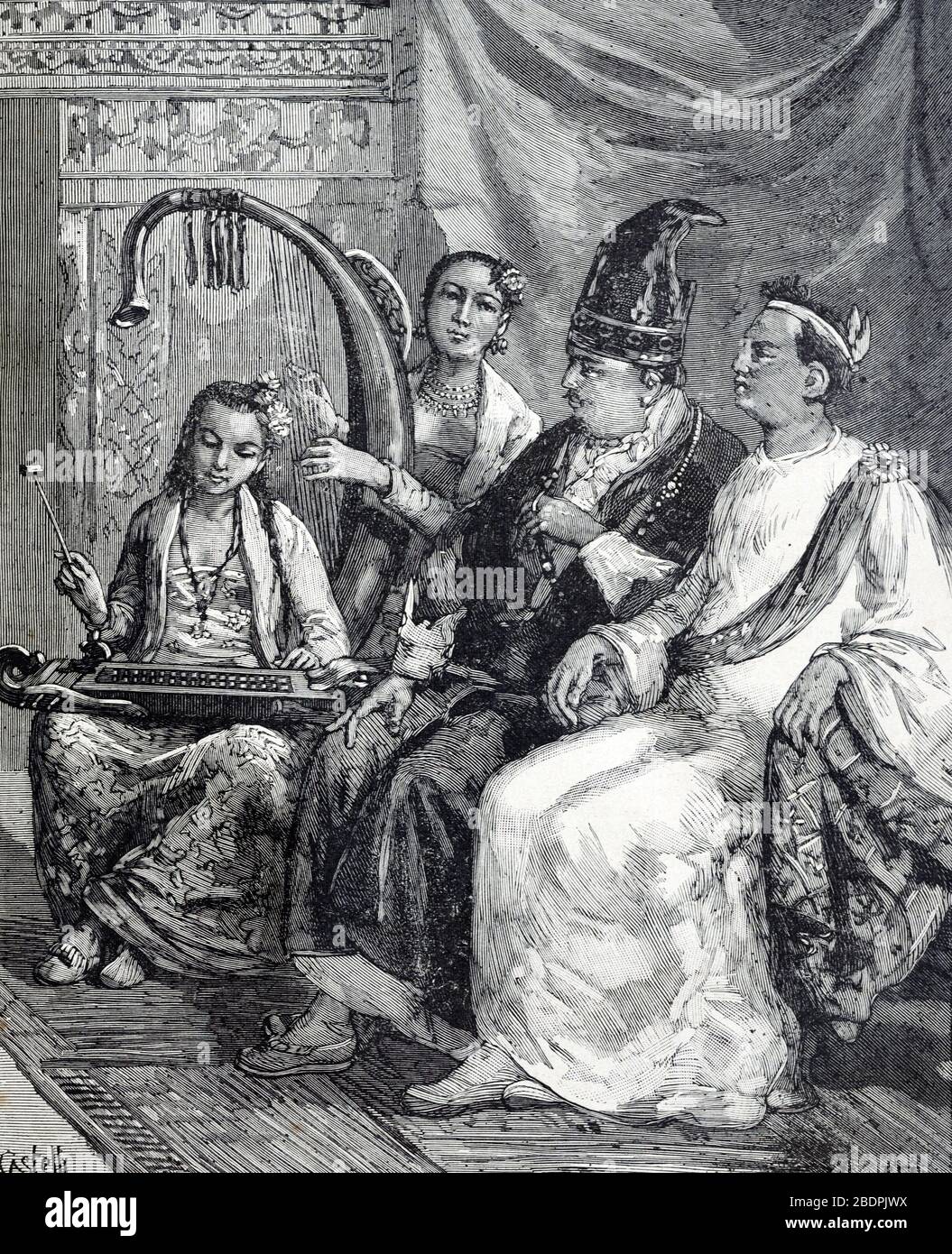 Noble Family, Burmese Nobility, Aristocracy, Aristocrats or Bourgeoisie Being Entertained by Musicians in Mawlamyine  Burma or Myanmar. Vintage or Old Illustration or Engraving 1886 Stock Photo