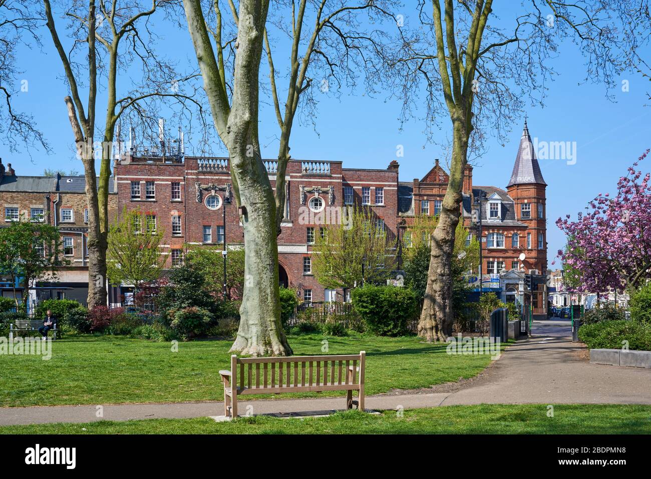 The corner of Newington Green, near Islington, North London UK, in springtime Stock Photo