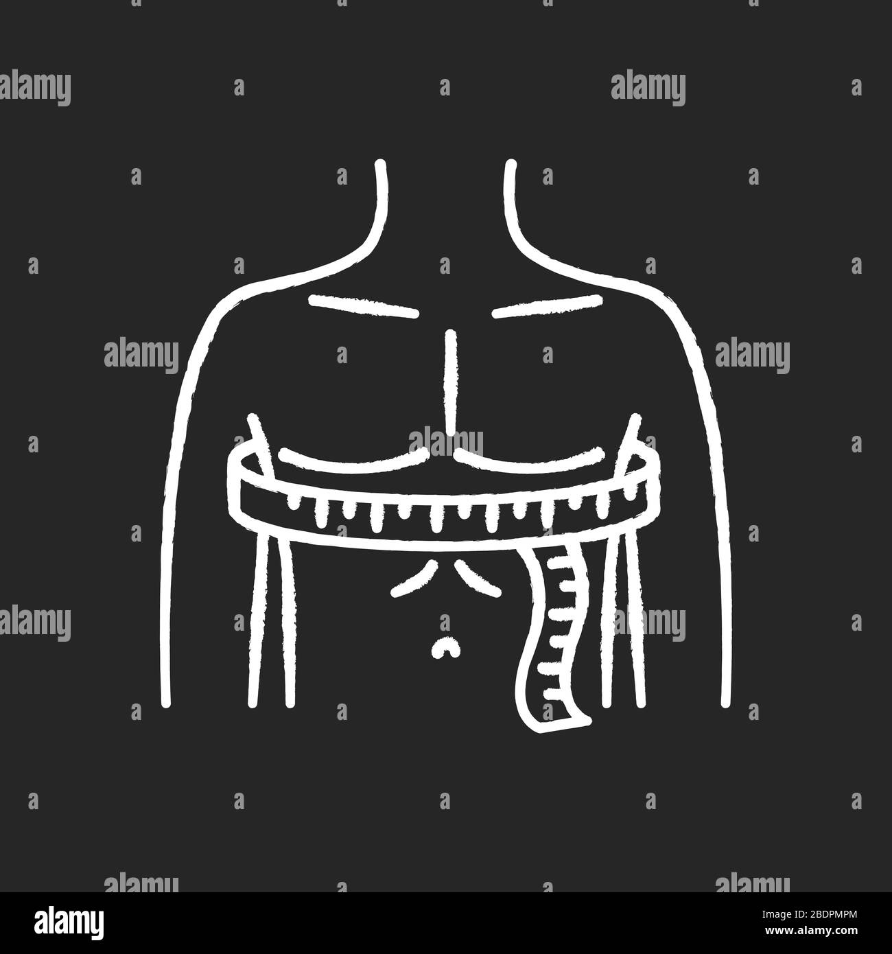 Chest circumference chalk white icon on black background. Male upper body measurements, tailoring parameters. Man chest width determination for Stock Vector