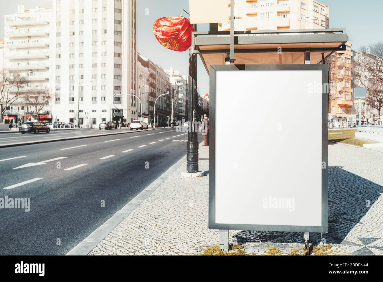 Blank advertising billboard mockup outside the bus stop; an empty For Street Banner Template