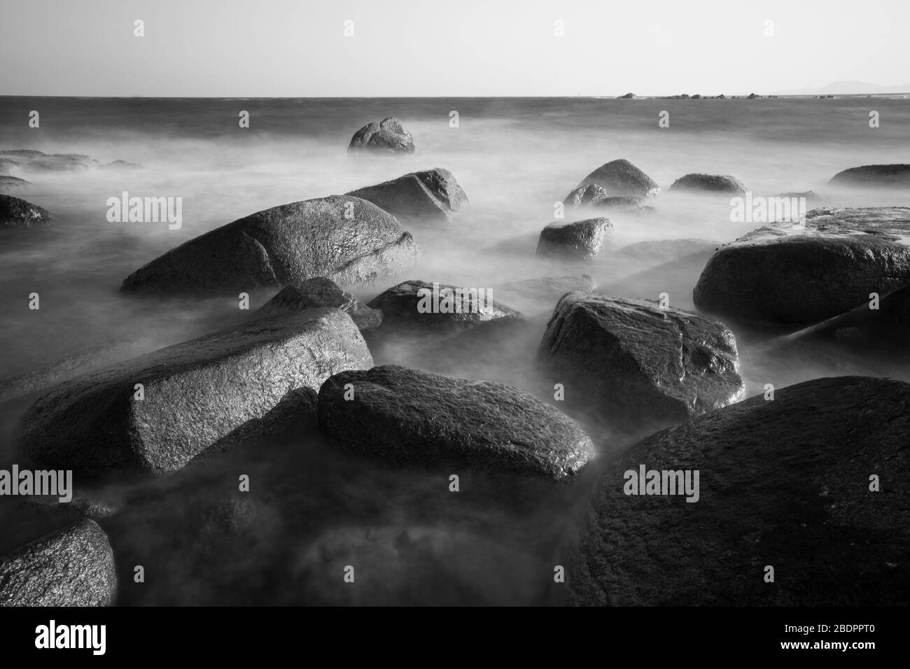 black / white, beautiful scenery of rocks on the seaside, long exposure, East seaside Korea Stock Photo