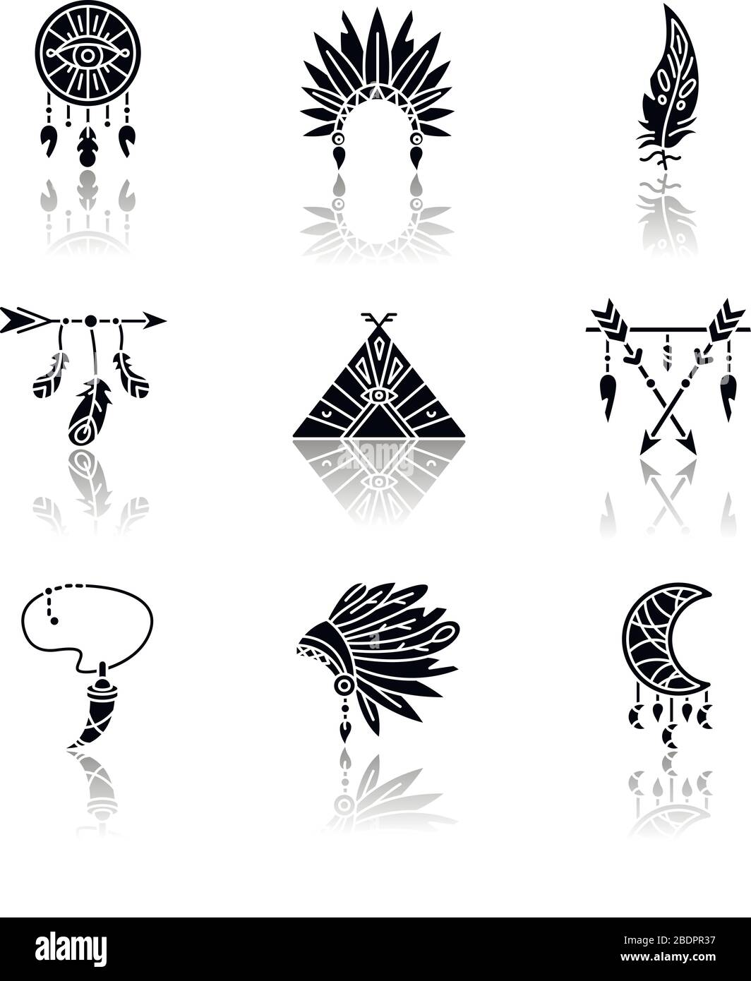 Native american indian accessories drop shadow black glyph icons set. Tribe chief hat and teepee. Necklace with tooth, arrow with feathers. Isolated Stock Vector