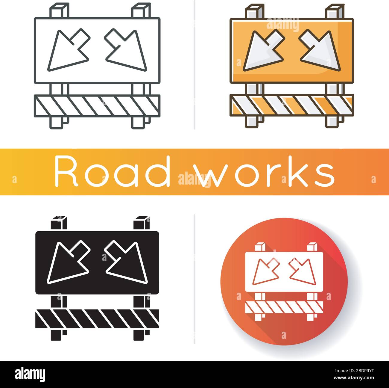 Detour icon. Road works ahead sign. Roadsign to change route. Roadblock on street with arrows. Take roundabout on highway. Linear black and RGB color Stock Vector
