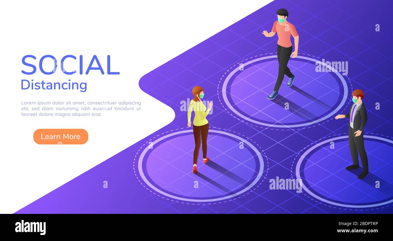 3d isometric web banner people keep distance between each other to ...